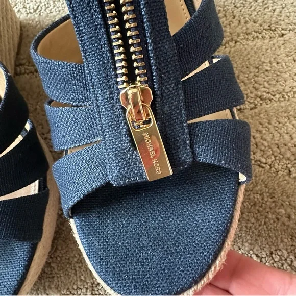 Michael Michael Kors Berkeley Blue Canvas Front Zip Espadrille Wedge Sandals 8M - Picture 13 of 16
